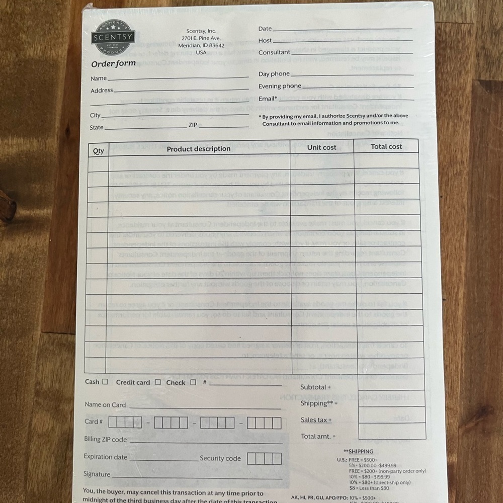Scentsy White Order Form Pad